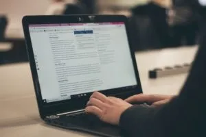  osoba pisząca artykuł na laptopie