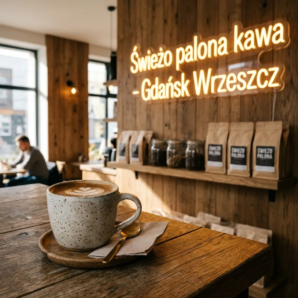 Plakat kawiarni wygenerowany przez Nano Banana Pro, neon z napisem Świeżo palona kawa Gdańsk Wrzeszcz