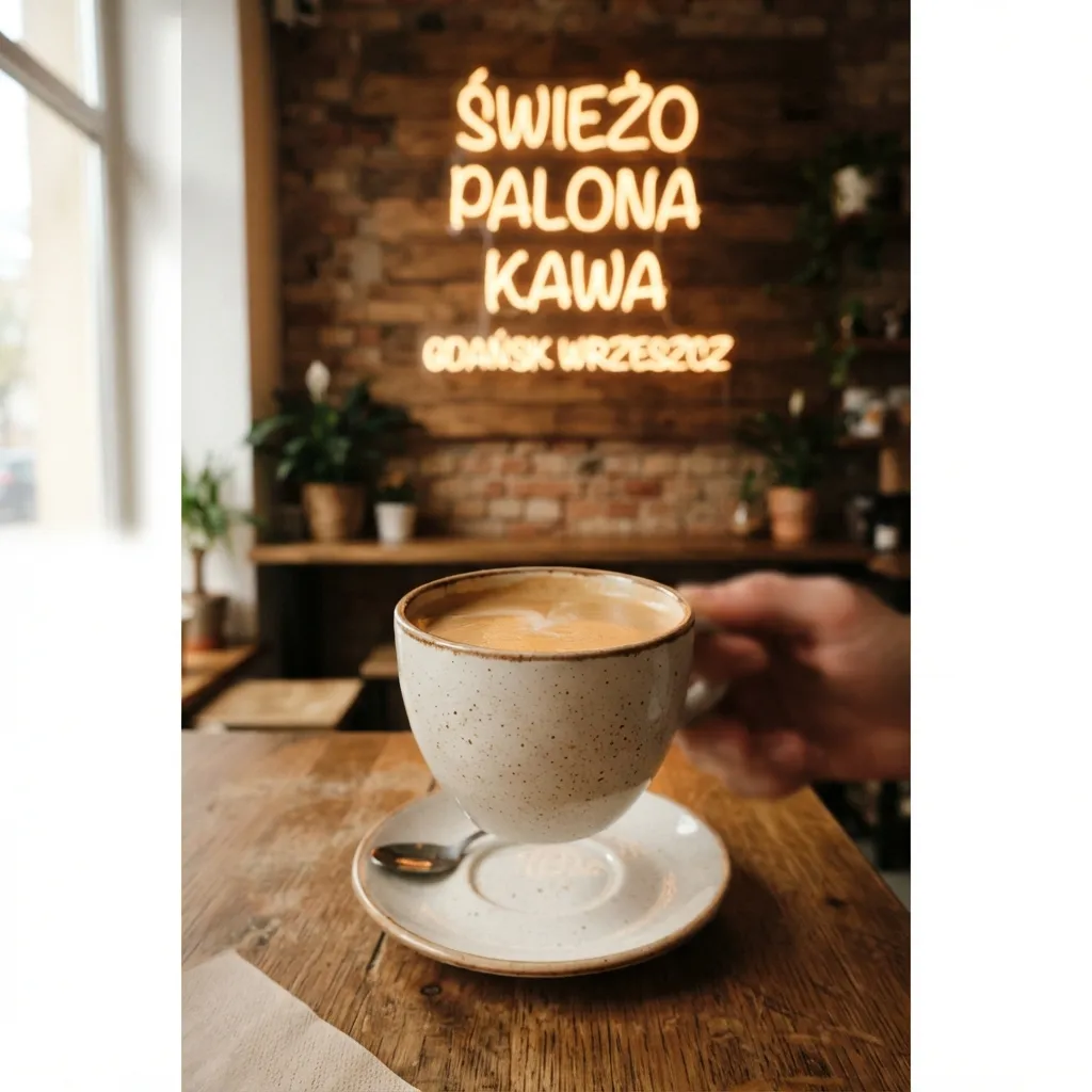 Wnętrze kawiarni wygenerowane przez Nano Banana 2, neon z polskim napisem